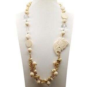 Vintage Roxsann Multi-Strand Beaded Necklace w/ Carved Rose Pendant & Gold Accen